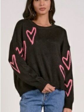 Elan Black Sweater with Pink Heart Accents